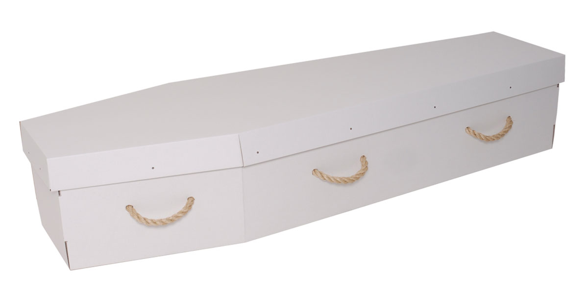 white cardboard coffin