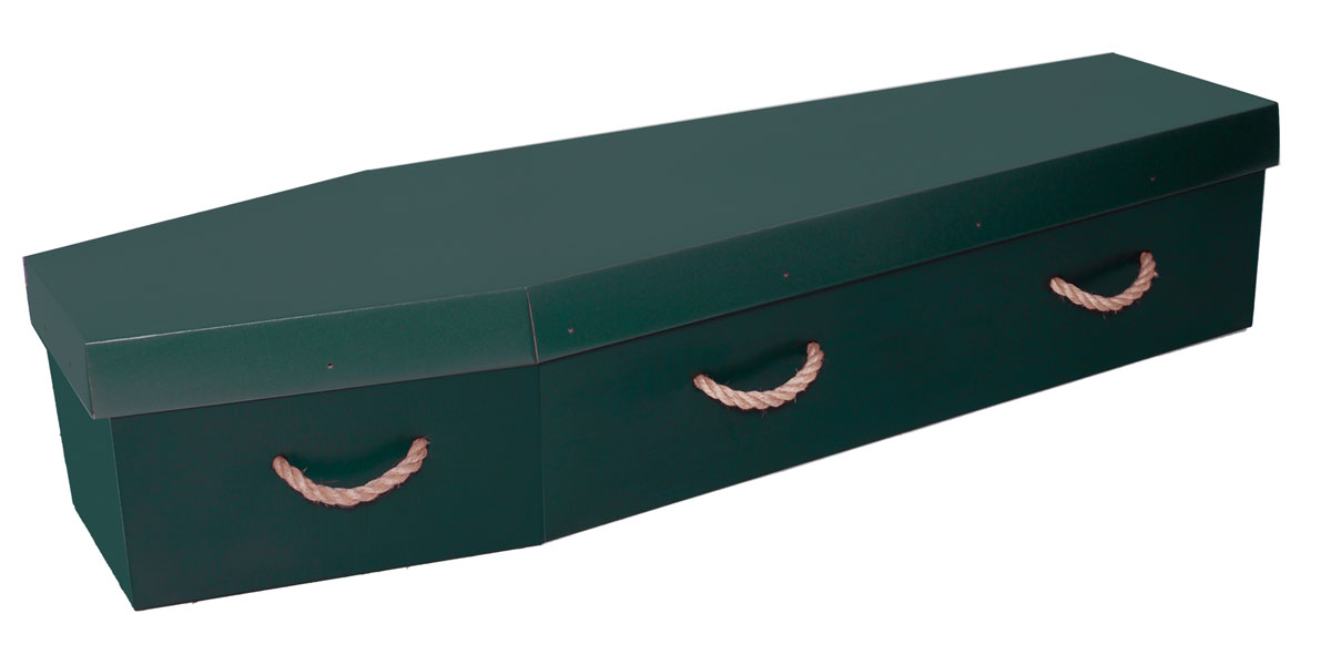 green cardboard coffin